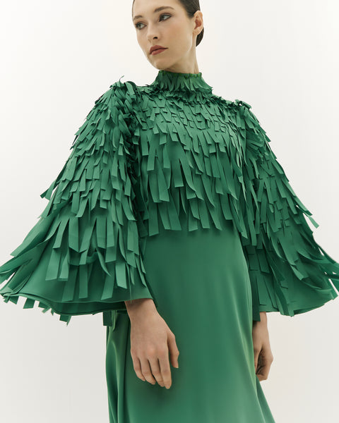 FOREST GREEN FRINGED LASER CUT SEMI-FIT CREPE DRESS