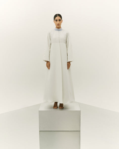 WHITE EMBROIDERED CREPE ABAYA WITH LIGHT BLUE SOFT TULLE DRESS AND EMBROIDERED BELT
