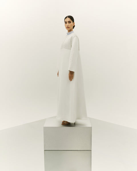 WHITE EMBROIDERED CREPE ABAYA WITH LIGHT BLUE SOFT TULLE DRESS AND EMBROIDERED BELT