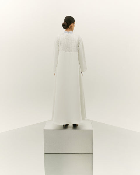 WHITE EMBROIDERED CREPE ABAYA WITH LIGHT BLUE SOFT TULLE DRESS AND EMBROIDERED BELT