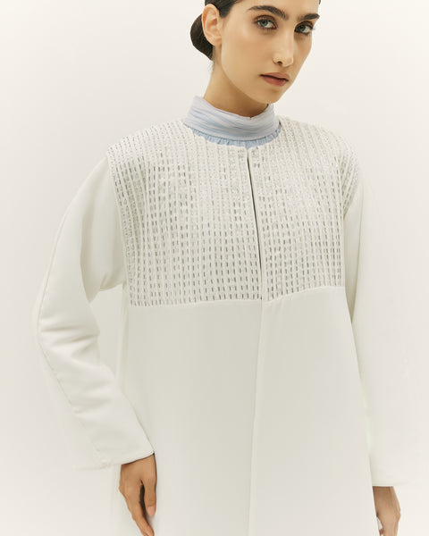 WHITE EMBROIDERED CREPE ABAYA WITH LIGHT BLUE SOFT TULLE DRESS AND EMBROIDERED BELT