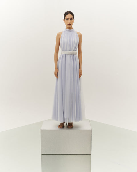 WHITE EMBROIDERED CREPE ABAYA WITH LIGHT BLUE SOFT TULLE DRESS AND EMBROIDERED BELT