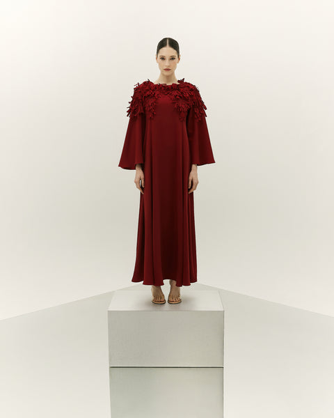 DEEP RED CREPE LASER CUT EMBROIDERED LOOSE FIT DRESS