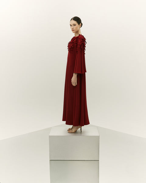 DEEP RED CREPE LASER CUT EMBROIDERED LOOSE FIT DRESS