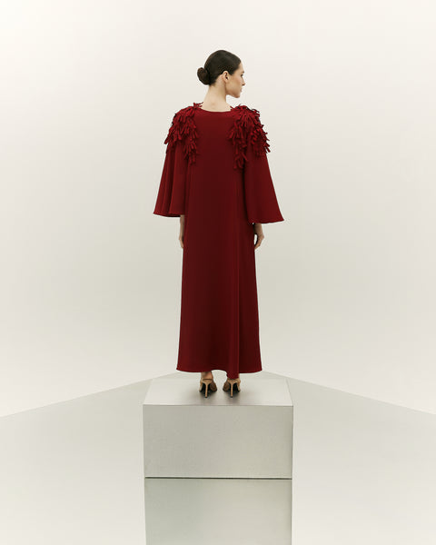 DEEP RED CREPE LASER CUT EMBROIDERED LOOSE FIT DRESS