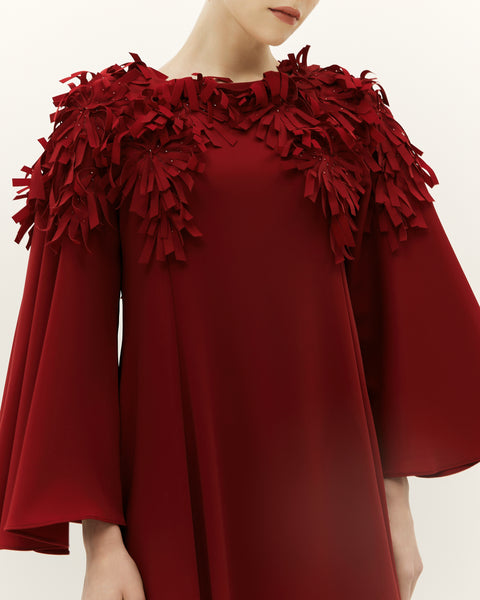 DEEP RED CREPE LASER CUT EMBROIDERED LOOSE FIT DRESS