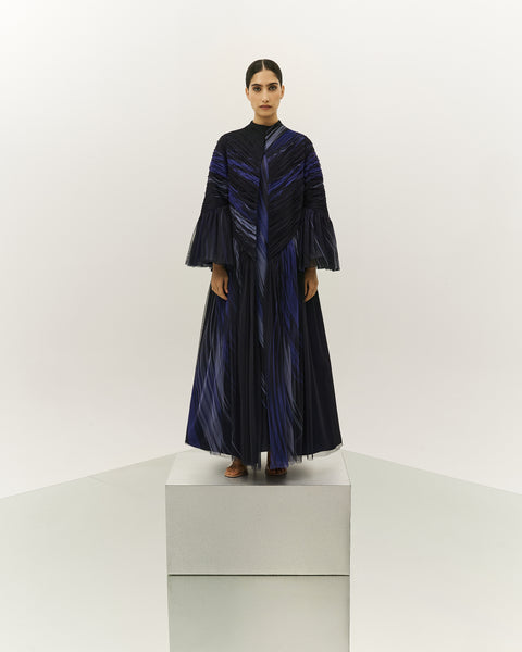 NAVY BLUE PRINTED AND GATHERED SOFT TULLE PANELLED ABAYA WITH ORGANZA INNER FULL SLEEVED DRESS