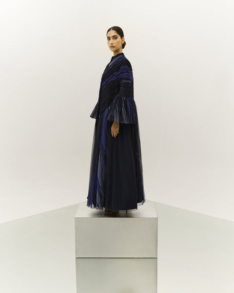 NAVY BLUE PRINTED AND GATHERED SOFT TULLE PANELLED ABAYA WITH ORGANZA INNER FULL SLEEVED DRESS