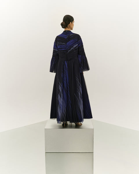 NAVY BLUE PRINTED AND GATHERED SOFT TULLE PANELLED ABAYA WITH ORGANZA INNER FULL SLEEVED DRESS