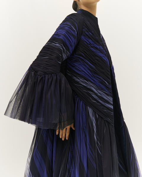 NAVY BLUE PRINTED AND GATHERED SOFT TULLE PANELLED ABAYA WITH ORGANZA INNER FULL SLEEVED DRESS
