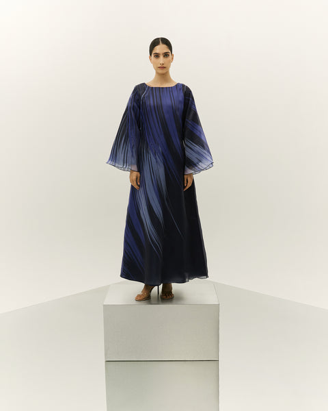 NAVY BLUE PRINTED AND GATHERED SOFT TULLE PANELLED ABAYA WITH ORGANZA INNER FULL SLEEVED DRESS
