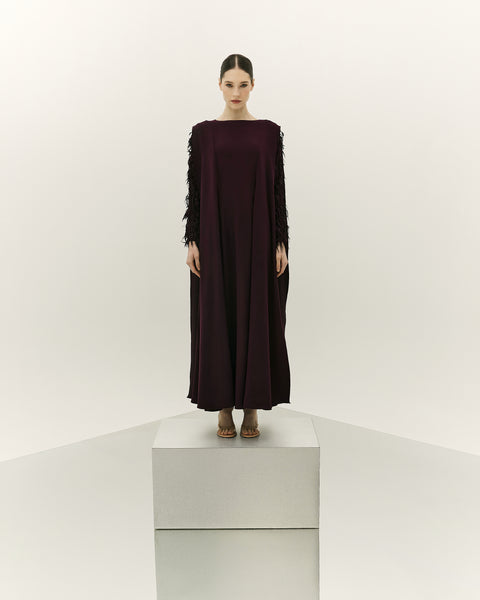 DARK PURPLE CREPE SEMI FITTED DRESS WITH LASER CUT EMBROIDERY
