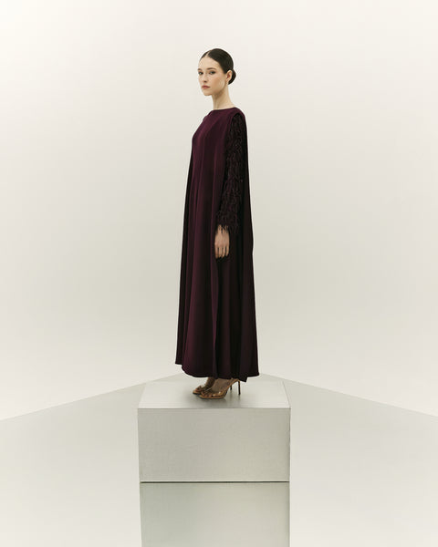 DARK PURPLE CREPE SEMI FITTED DRESS WITH LASER CUT EMBROIDERY
