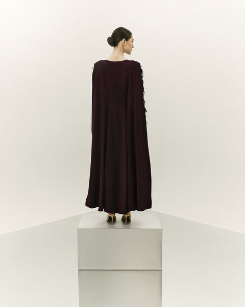 DARK PURPLE CREPE SEMI FITTED DRESS WITH LASER CUT EMBROIDERY