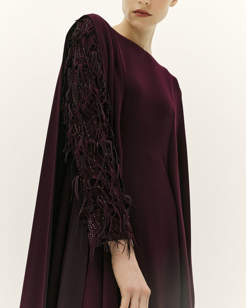 DARK PURPLE CREPE SEMI FITTED DRESS WITH LASER CUT EMBROIDERY