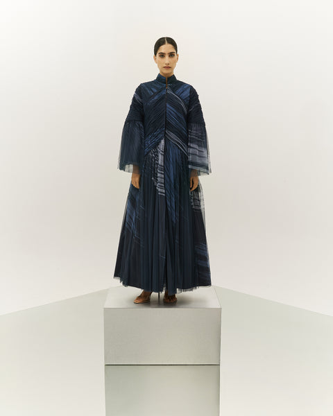 SLATE BLUE PRINTED AND GATHERED SOFT TULLE PANELLED ABAYA WITH ORGANZA INNER FULL SLEEVED DRESS