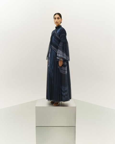 SLATE BLUE PRINTED AND GATHERED SOFT TULLE PANELLED ABAYA WITH ORGANZA INNER FULL SLEEVED DRESS