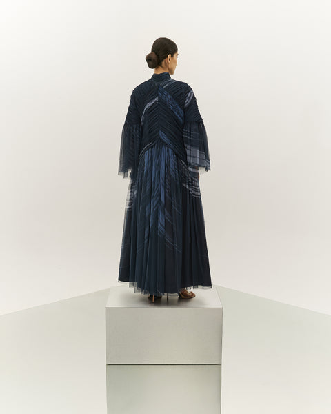 SLATE BLUE PRINTED AND GATHERED SOFT TULLE PANELLED ABAYA WITH ORGANZA INNER FULL SLEEVED DRESS