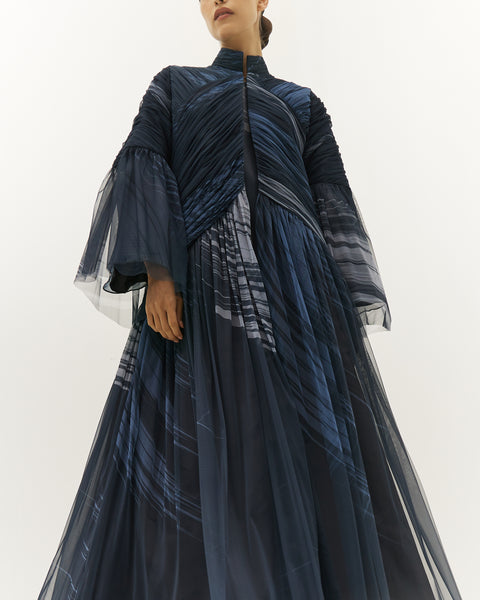 SLATE BLUE PRINTED AND GATHERED SOFT TULLE PANELLED ABAYA WITH ORGANZA INNER FULL SLEEVED DRESS