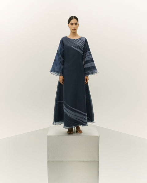 SLATE BLUE PRINTED AND GATHERED SOFT TULLE PANELLED ABAYA WITH ORGANZA INNER FULL SLEEVED DRESS