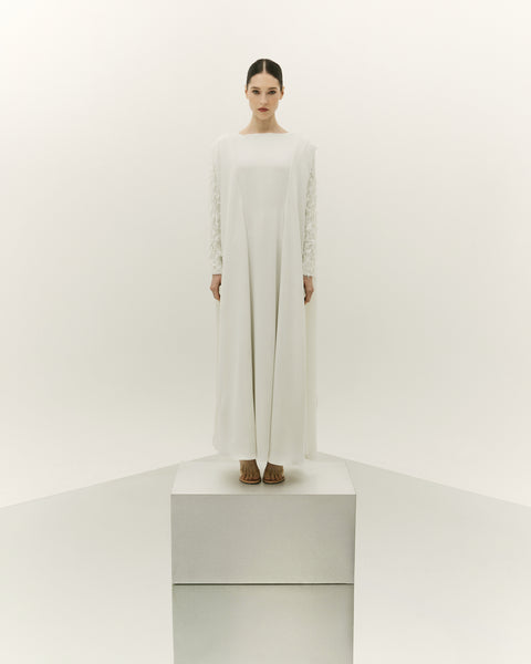 OFF WHITE CREPE SEMI FITTED DRESS WITH LASER CUT EMBROIDERY