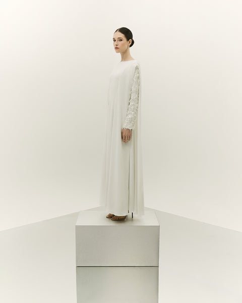 OFF WHITE CREPE SEMI FITTED DRESS WITH LASER CUT EMBROIDERY