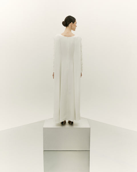 OFF WHITE CREPE SEMI FITTED DRESS WITH LASER CUT EMBROIDERY