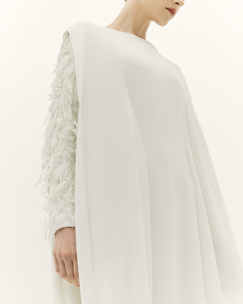 OFF WHITE CREPE SEMI FITTED DRESS WITH LASER CUT EMBROIDERY