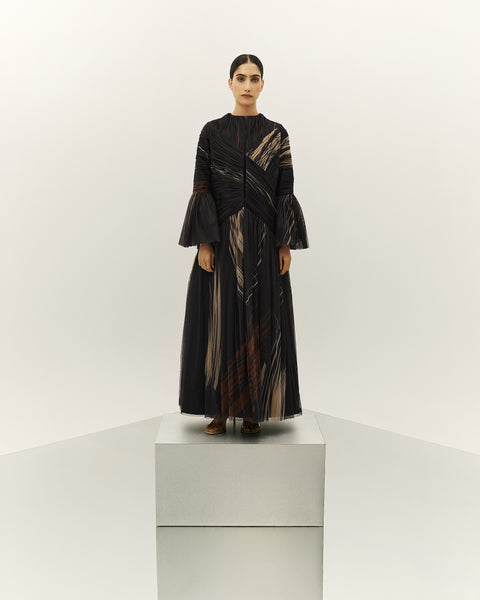 BLACK AND BEIGE PRINTED AND GATHERED SOFT TULLE PANELLED ABAYA WITH ORGANZA INNER FULL SLEEVED DRESS