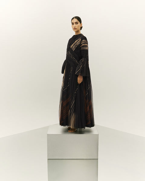 BLACK AND BEIGE PRINTED AND GATHERED SOFT TULLE PANELLED ABAYA WITH ORGANZA INNER FULL SLEEVED DRESS