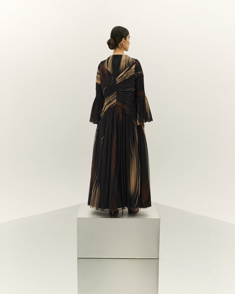 BLACK AND BEIGE PRINTED AND GATHERED SOFT TULLE PANELLED ABAYA WITH ORGANZA INNER FULL SLEEVED DRESS