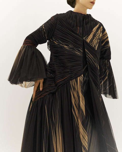 BLACK AND BEIGE PRINTED AND GATHERED SOFT TULLE PANELLED ABAYA WITH ORGANZA INNER FULL SLEEVED DRESS