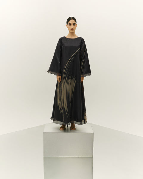 BLACK AND BEIGE PRINTED AND GATHERED SOFT TULLE PANELLED ABAYA WITH ORGANZA INNER FULL SLEEVED DRESS