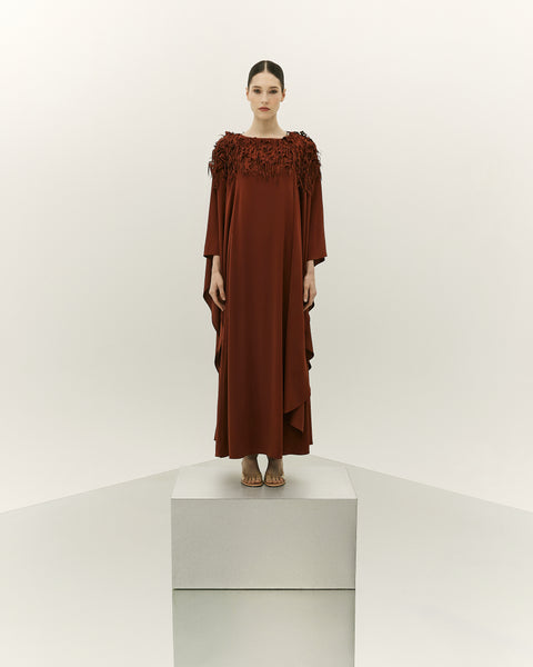 BRONZE CREPE ASYMMETRIC LOOSE FIT DRESS WITH LASER CUT EMBROIDERY