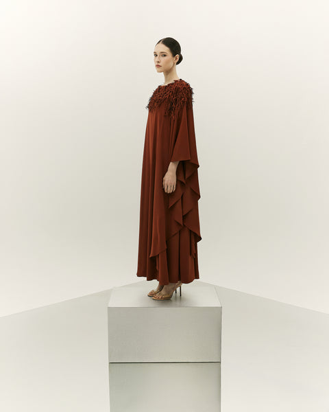 BRONZE CREPE ASYMMETRIC LOOSE FIT DRESS WITH LASER CUT EMBROIDERY