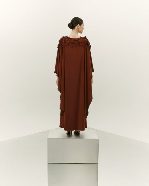 BRONZE CREPE ASYMMETRIC LOOSE FIT DRESS WITH LASER CUT EMBROIDERY