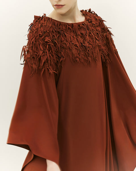 BRONZE CREPE ASYMMETRIC LOOSE FIT DRESS WITH LASER CUT EMBROIDERY