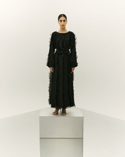 BLACK ORGANZA LASER CUT PANELLED SEMI FIT DRESS WITH BELT
