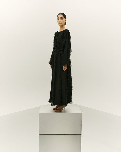 BLACK ORGANZA LASER CUT PANELLED SEMI FIT DRESS WITH BELT