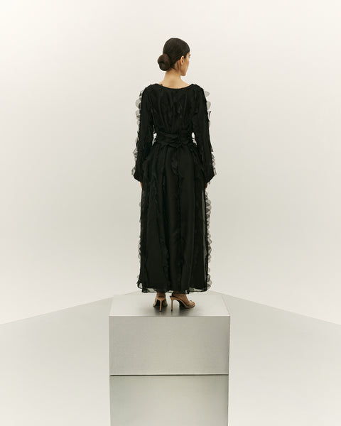 BLACK ORGANZA LASER CUT PANELLED SEMI FIT DRESS WITH BELT