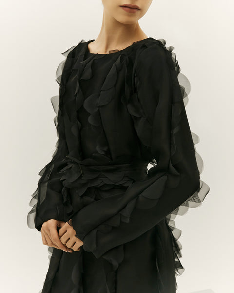 BLACK ORGANZA LASER CUT PANELLED SEMI FIT DRESS WITH BELT