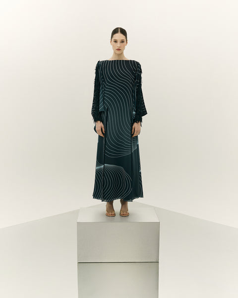 DARK TEAL PRINTED CHIFFON LOOSE FIT DRESS WITH LASER CUT EMBROIDERY