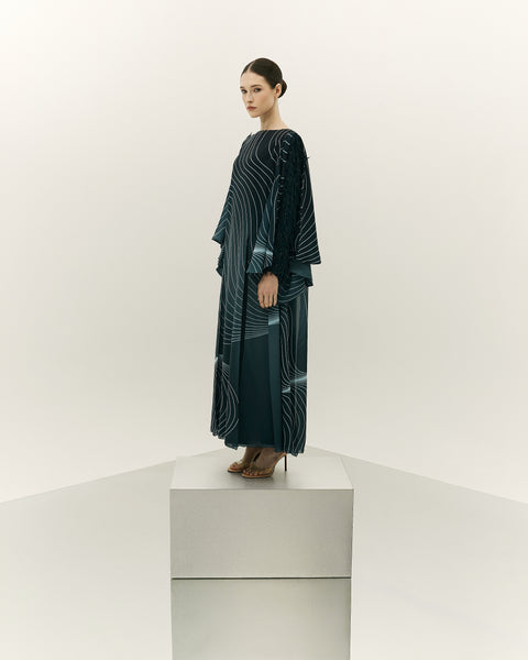 DARK TEAL PRINTED CHIFFON LOOSE FIT DRESS WITH LASER CUT EMBROIDERY