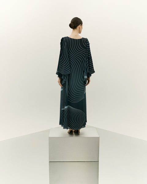 DARK TEAL PRINTED CHIFFON LOOSE FIT DRESS WITH LASER CUT EMBROIDERY