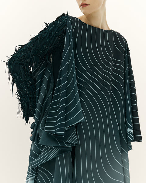 DARK TEAL PRINTED CHIFFON LOOSE FIT DRESS WITH LASER CUT EMBROIDERY