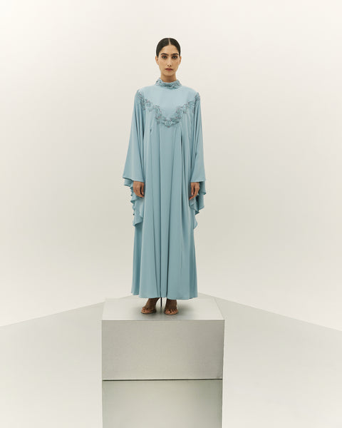 LIGHT BLUE CREPE LOOSE FIT PANELLED DRESS WITH LASER CUT EMBROIDERY