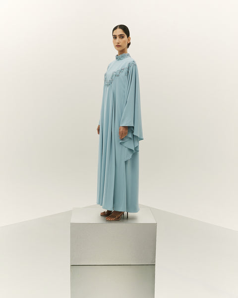 LIGHT BLUE CREPE LOOSE FIT PANELLED DRESS WITH LASER CUT EMBROIDERY