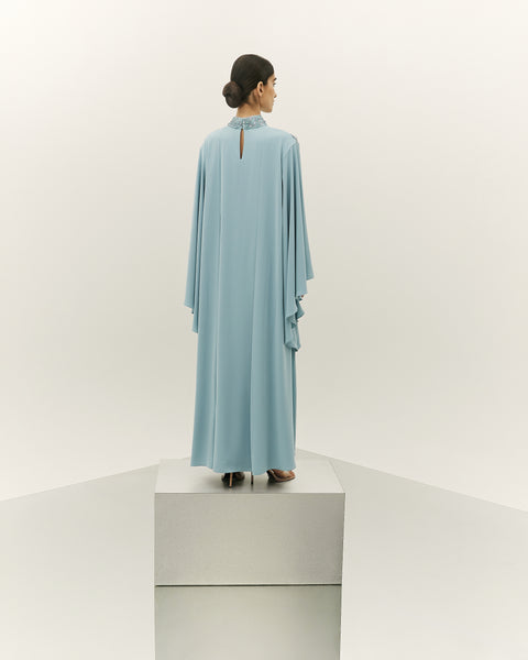 LIGHT BLUE CREPE LOOSE FIT PANELLED DRESS WITH LASER CUT EMBROIDERY