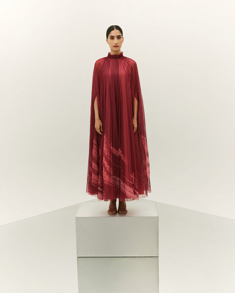PINK PRINTED AND PLEATED LOOSE-FIT DRESS WITH TAFFETA INNER