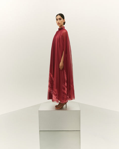 PINK PRINTED AND PLEATED LOOSE-FIT DRESS WITH TAFFETA INNER